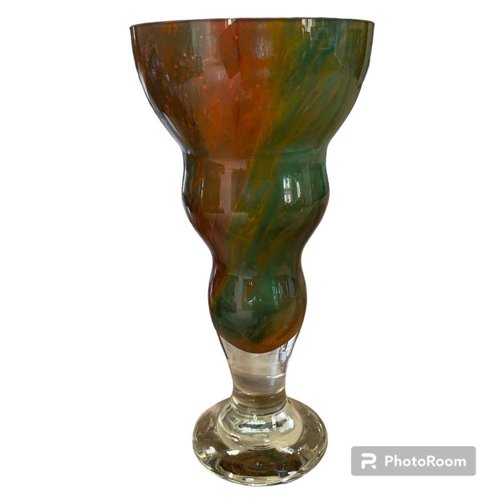 Vintage Sasaki crystal hand blown art glass footed vase orange gold green